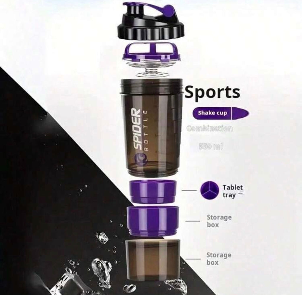 Gym shaker bottle with 3 compartments