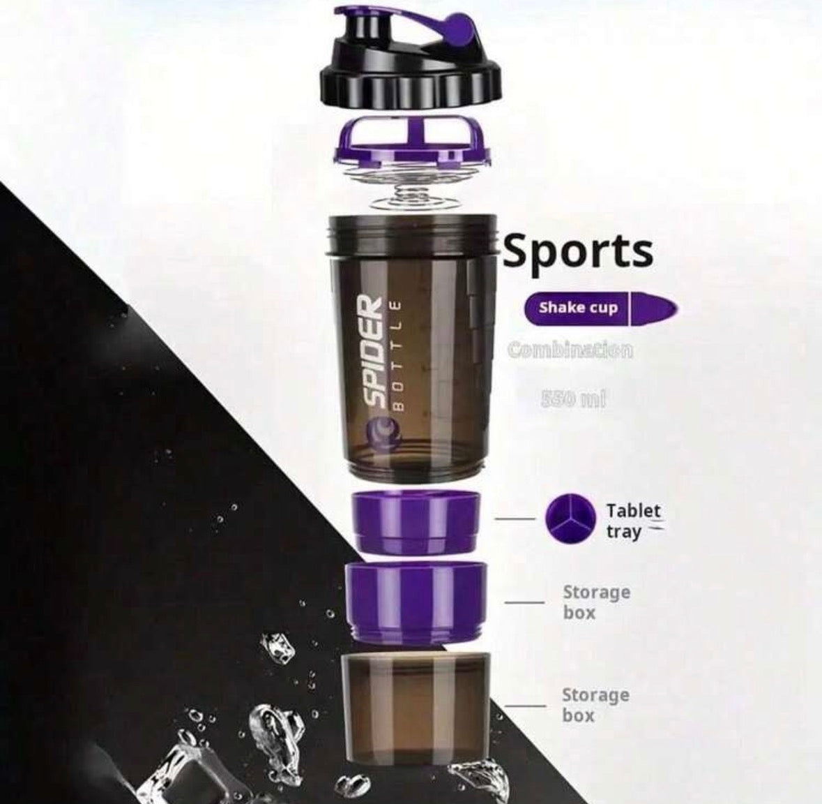 Gym shaker bottle with 3 compartments