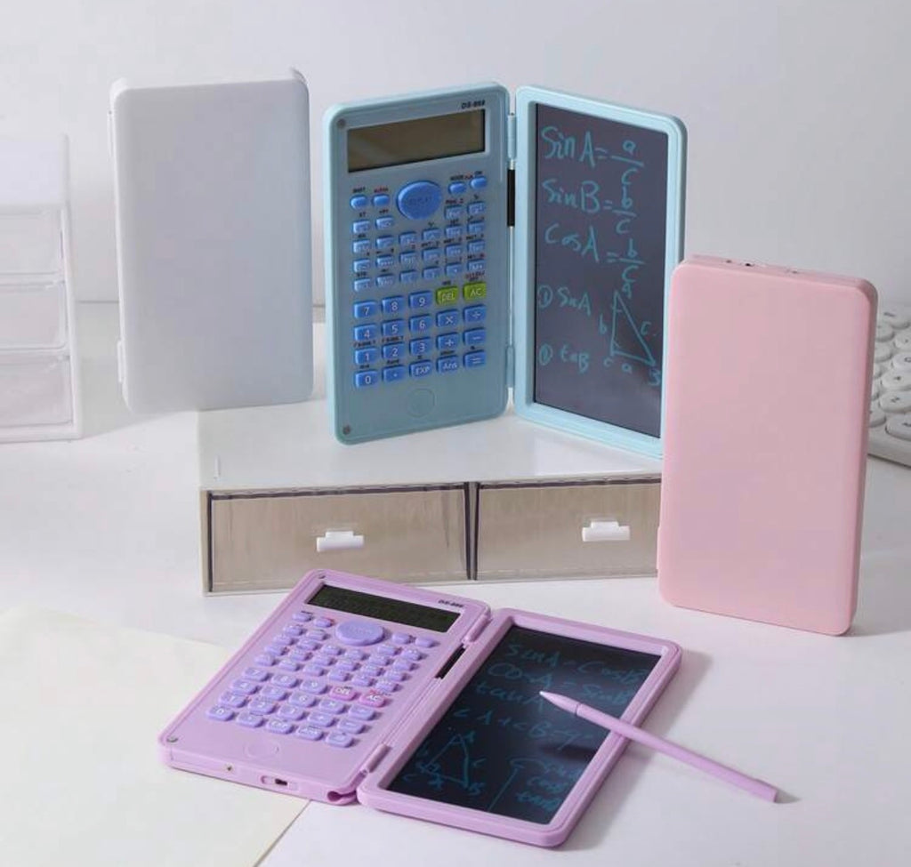 Scientific calculator with side notebook and pen