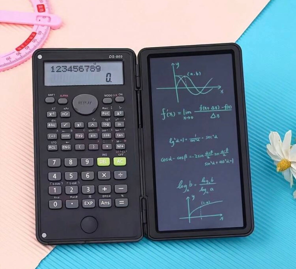 Scientific calculator with side notebook and pen