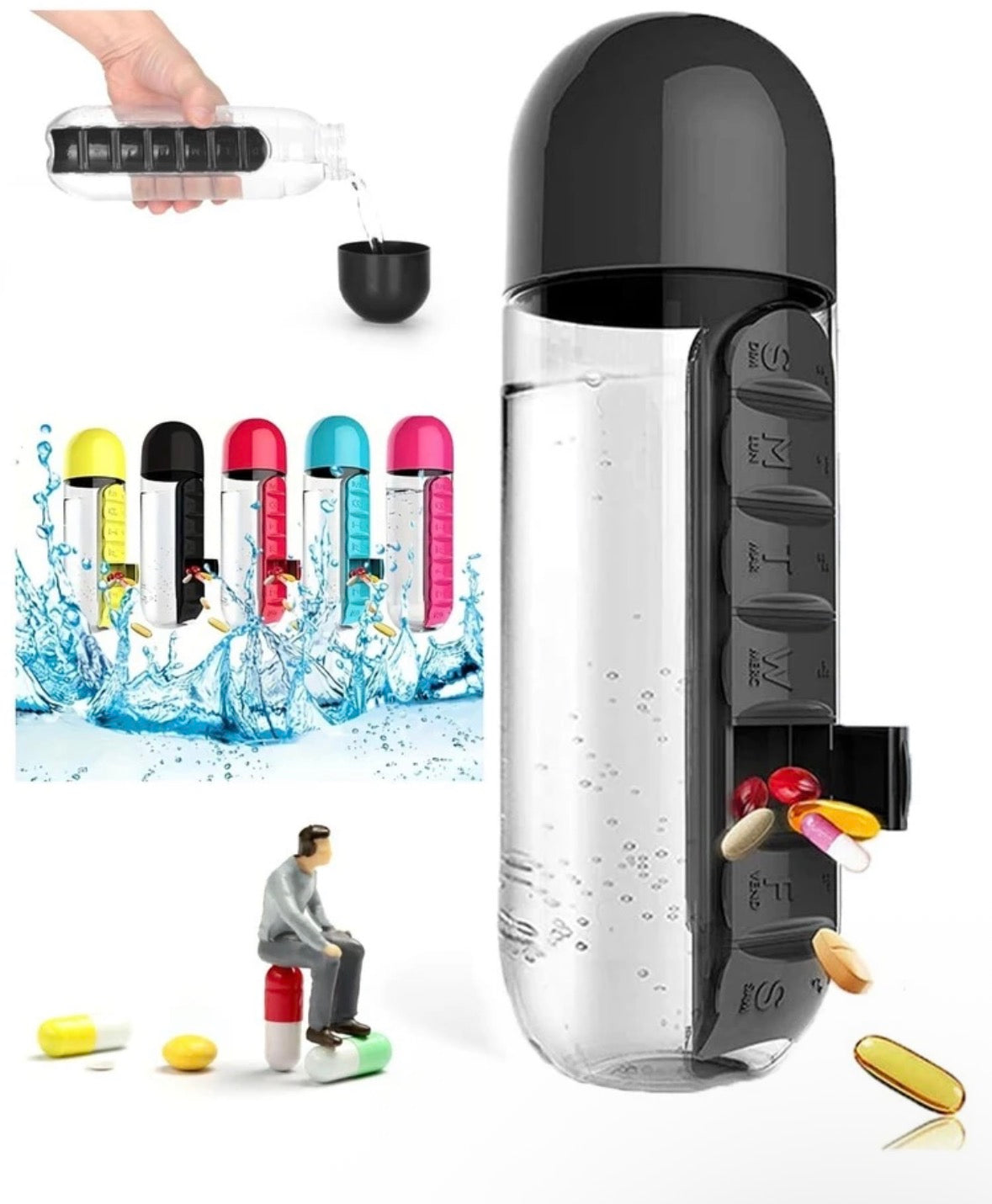 Water bottle with pill box