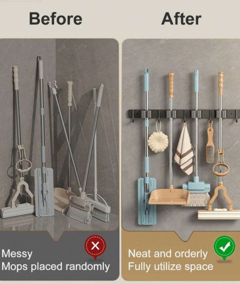 Wall mount mop holder with hooks heavy duty